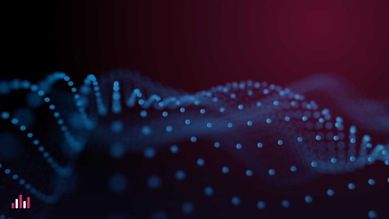 Glowing blue particle waveform on a dark red background