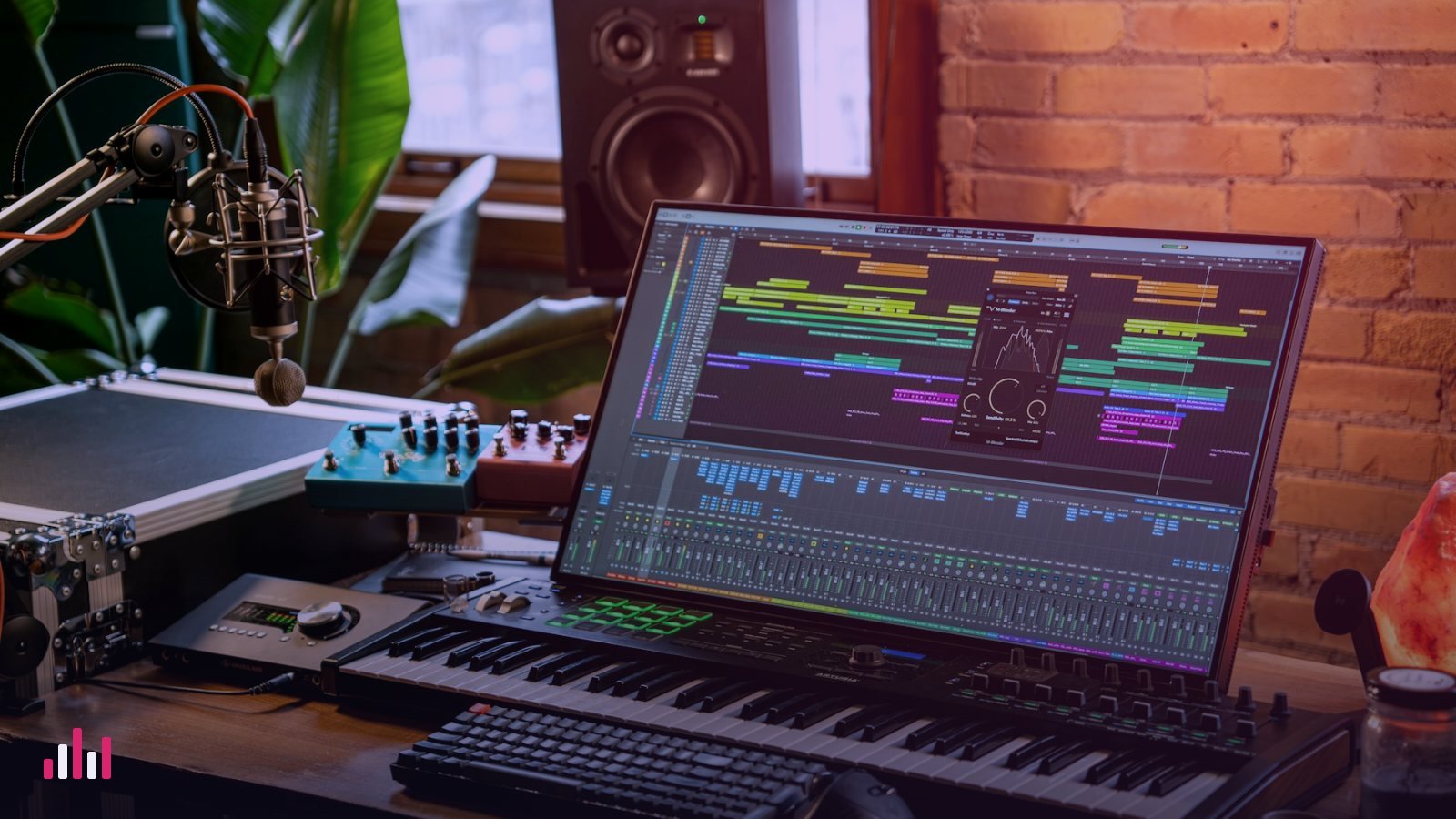 Home studio desk with a DAW arrangement on screen, a MIDI keyboard and a microphone