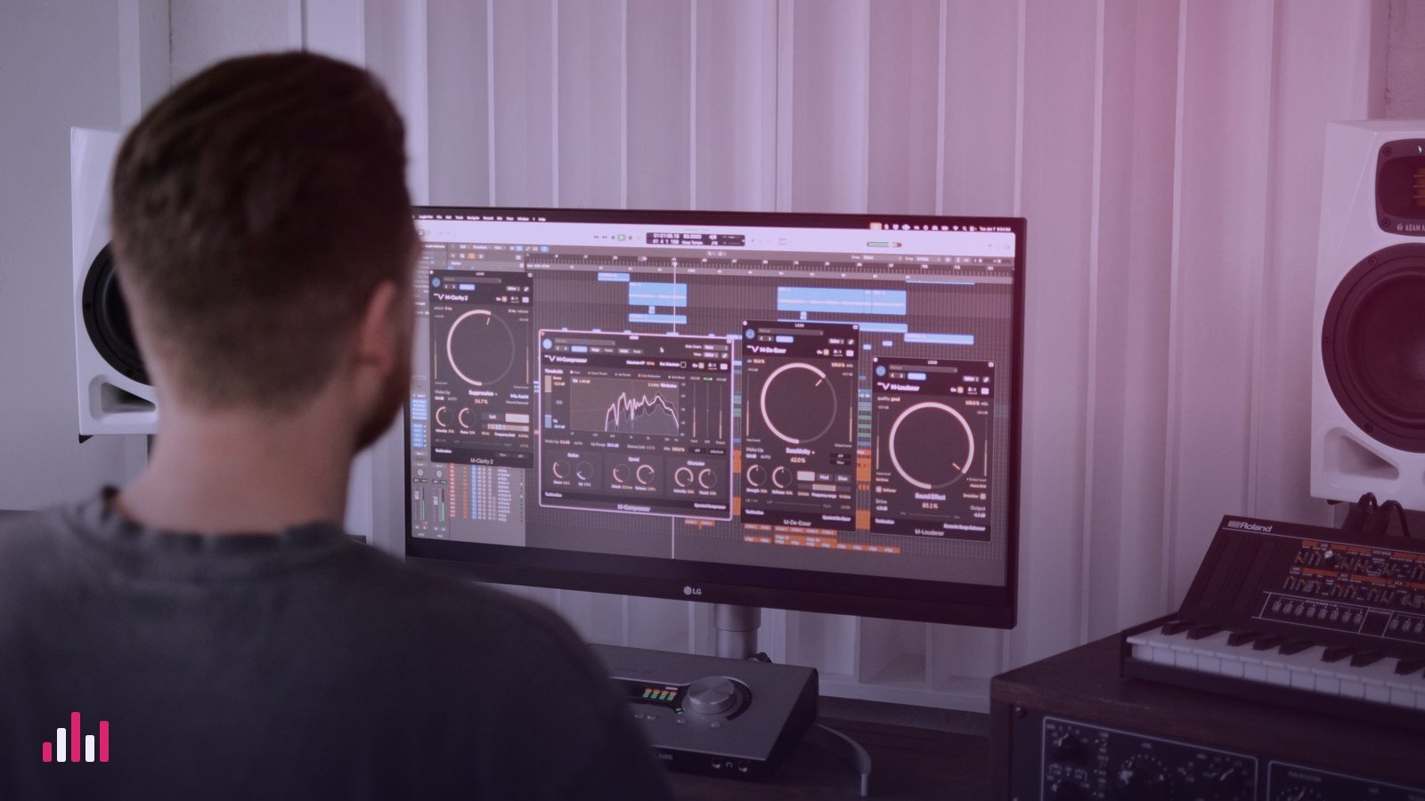 A producer mixing with compressor and de-esser plugins open in the DAW
